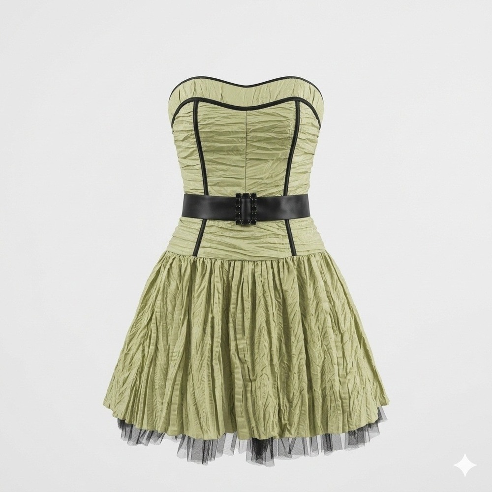 Jessica McClintock Gunne Sax Strapless Green Black Crinkle Mini Party Dress 90s